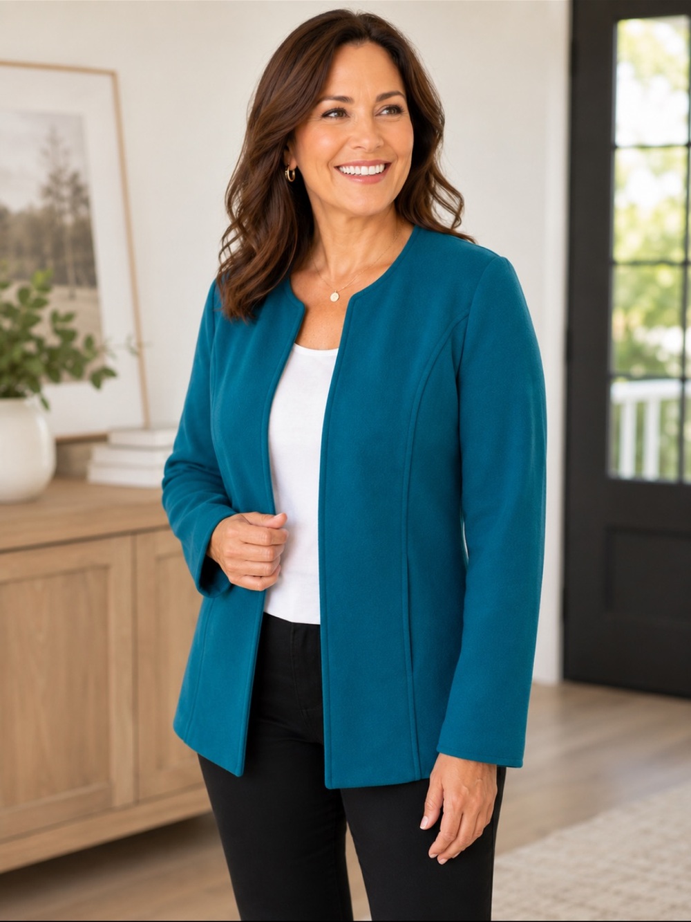 Dialogue Women's Lined Open Front Teal Blazer Jacket Business Casual Size 12